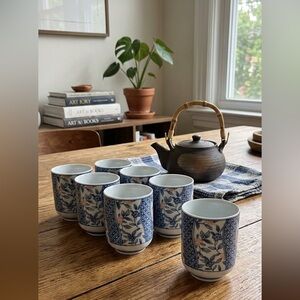 Vintage blue floral Japanese Nakagama teacup set of six